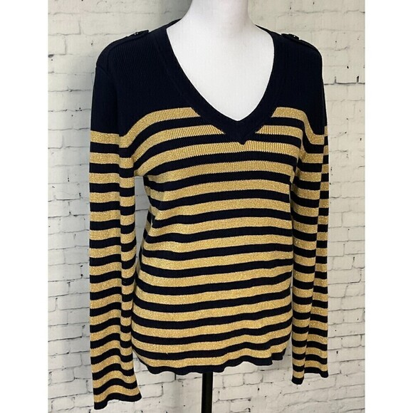 Ralph Lauren Jeans Company Womens Sweater Navy Gold Striped V Neck Size L U1 - Picture 4 of 12